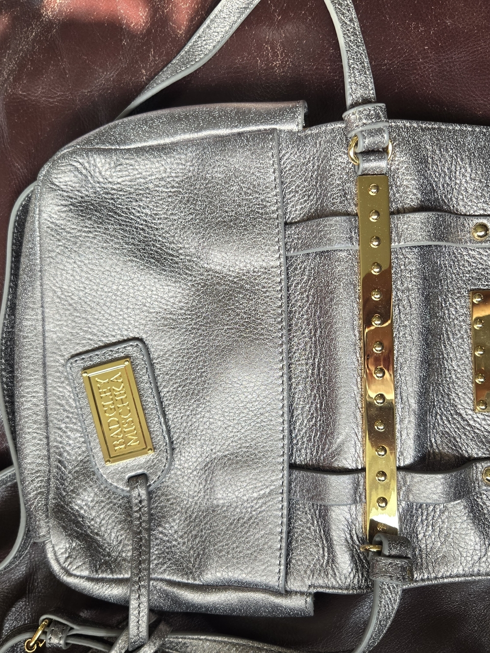 Badgley Mischka Metallic Silver Crossbody Bag with Gold Hardware